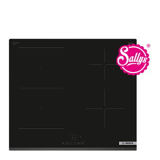 Modern Bosch induction cooktop with a sleek black finish and touch controls, embellished with a "Sally's" brand logo in a vibrant pink hue.
