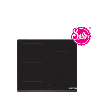 Modern Bosch induction cooktop with a sleek black finish and touch controls, embellished with a "Sally's" brand logo in a vibrant pink hue.