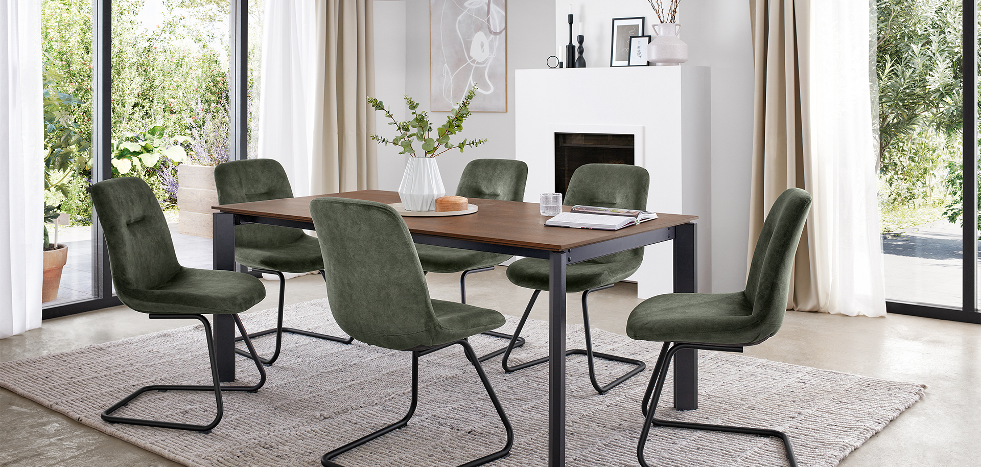 Inspiratiebeeld van een woonkamer en keukenplanning. Ons Easytouch-front in Mineral Green en Taupe Grey creatief gecombineerd.