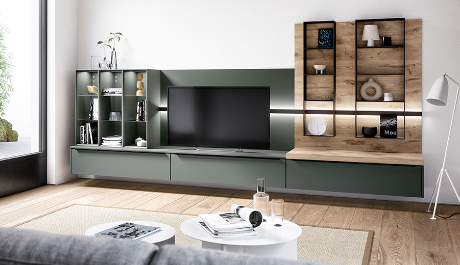 Modernes Wohnzimmer-Interieur mit elegantem grün-weißem TV-Schrank mit Regalen, Holzakzenten und gemütlicher Einrichtung im natürlichen Licht.