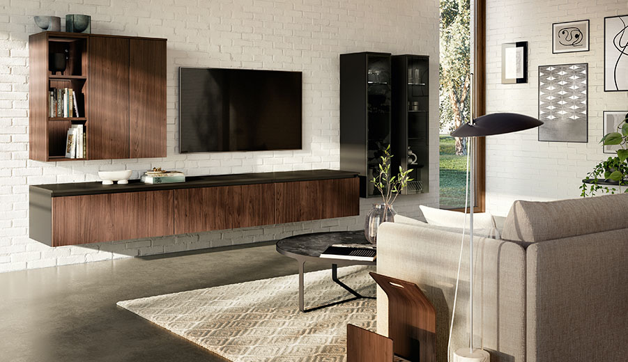 Modernes Wohnzimmerinterieur mit einem eleganten hölzernen Unterhaltungszentrum, ergänzt durch zeitgenössische Möbel und ein sauberes, minimalistisches Designästhetik.