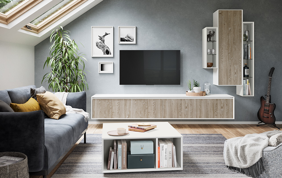 Modern living room interior with comfortable sofa, stylish TV unit, wall art, and green plants adding a touch of nature to the cozy space.