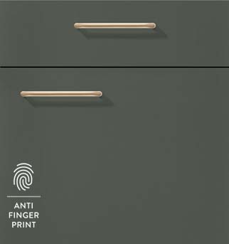 Modern kitchen cabinet with minimalist handles showcasing an anti-fingerprint finish for a sleek and clean appearance.