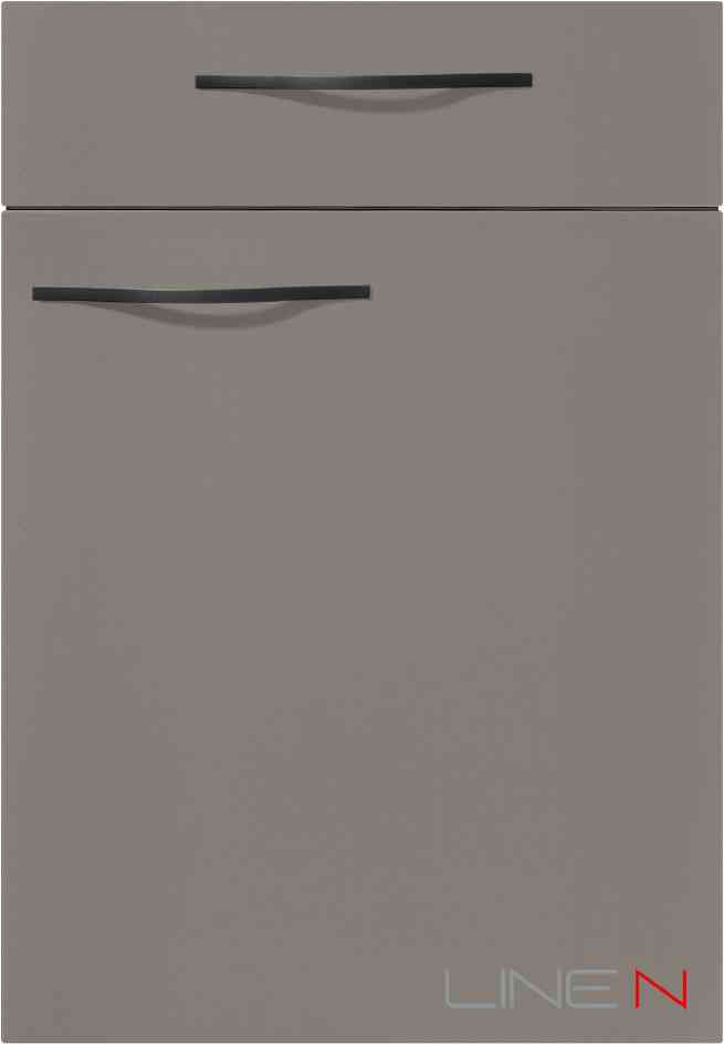 Elegancki, nowoczesny design szuflady kuchennej w szarym wykończeniu z delikatnymi, zakrzywionymi uchwytami, z minimalistycznym logo "LINE N" w rogu.