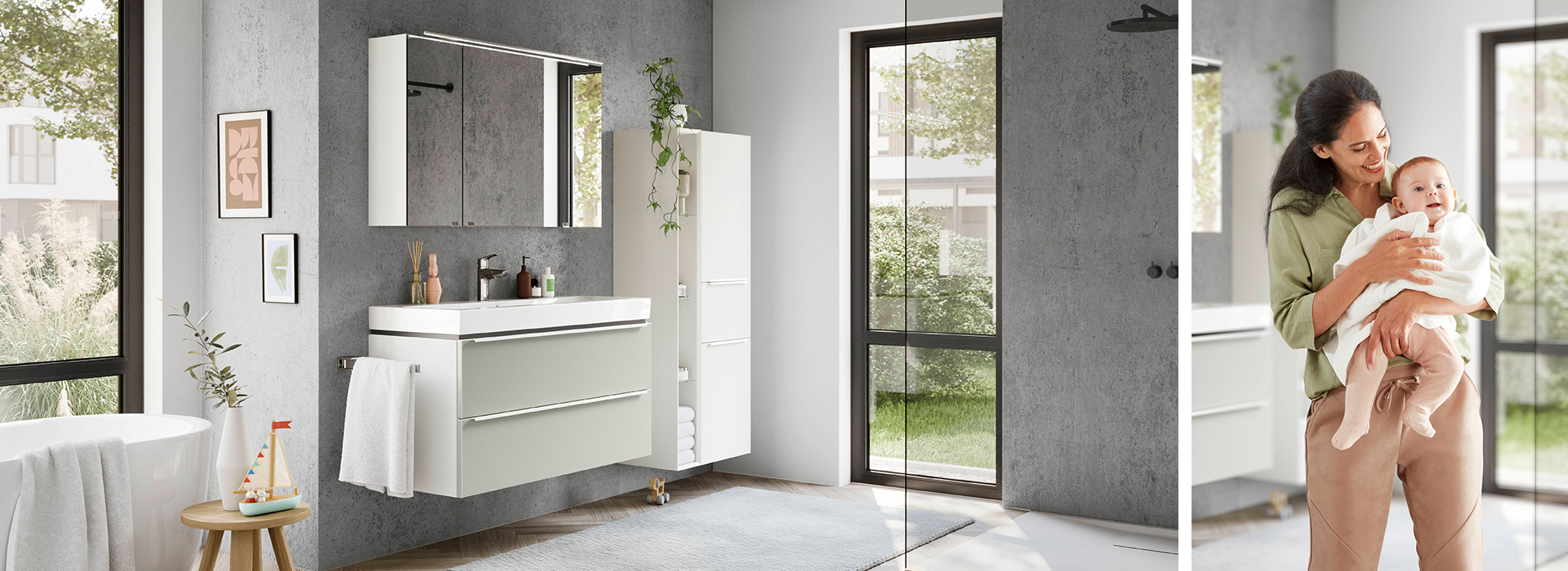 A modern bathroom with sleek fixtures on the left, and a smiling person holding a baby on the right, illustrating a joyful home life.