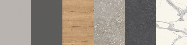 A collection of five vertical swatches showcasing a variety of textures including solid grey, wooden grain, cracked stone, dark slate, and marbled patterns.