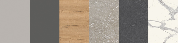 Una collezione di cinque campioni verticali che mostrano una varietà di texture tra cui grigio solido, grana di legno, pietra screpolata, ardesia scura e motivi marmorizzati.