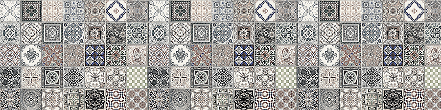 Una variedad de azulejos decorativos con intrincados patrones en tonos de azul, gris y marrón, adecuados para fondos de diseño interior sofisticados.