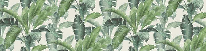 Bezšvadlový tropický vzor s bujnými zelenými listy na světlém pozadí, ideální pro hlavičku webové stránky nebo tapetu s přírodním motivem.