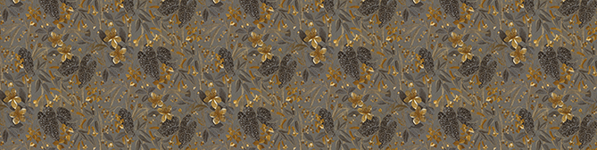 Banner orizzontale decorativo con un motivo floreale senza soluzione di continuità in tonalità di marrone e oro, ideale per sfondo del sito web o elementi di design eleganti.
