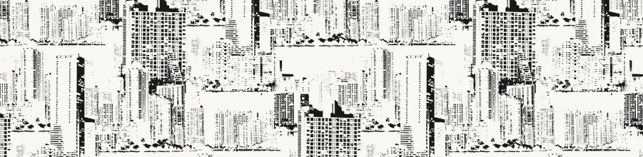 Ilustrace městského panoramatu v monochromatickém provedení s stylizovanou městskou siluetou se mrakodrapy v opotřebovaném a grunge texturovém stylu.