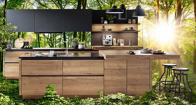 Sleek modern kitchen with wood finishes blends into a tranquil forest setting, highlighting nature-inspired design and harmonious living.
