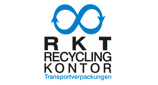Logo společnosti Recycling Kontor s nekonečným symbolem recyklace zdůrazňující udržitelné řízení materiálů pro balení přepravy.