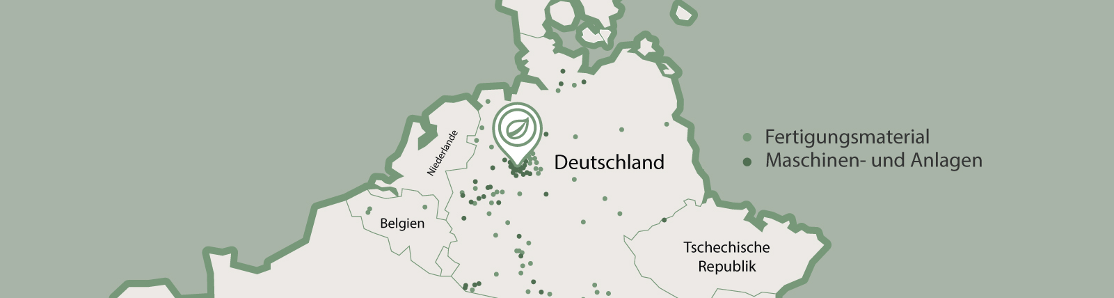 Mapa interactivo que destaca las principales regiones industriales para la fabricación de materiales y maquinaria en Alemania, con iconos y etiquetas fáciles de leer para una navegación amigable para el usuario.