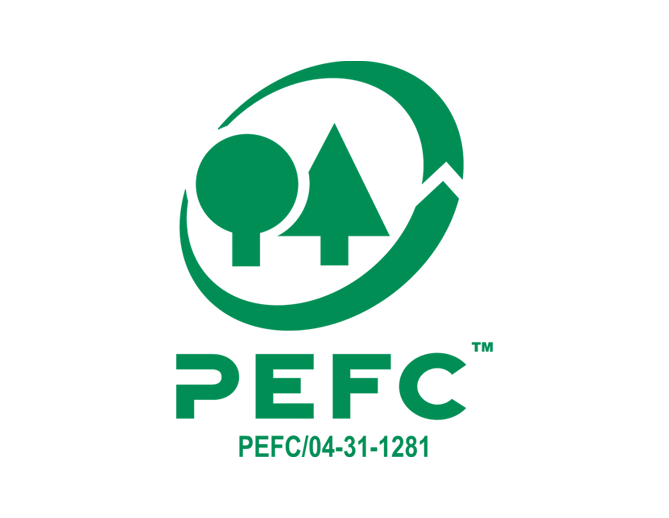 Jednoduchý zelený vertikální obdélníkový grafický logotyp ochranné známky PEFC, zobrazující dva jednoduché stromy a patičku PEFC/04-31-1281.