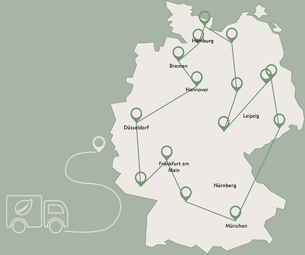Karte von Deutschland, die ein Logistiknetzwerk mit Routenlinien zeigt, die mehrere Städte verbinden und einen Lieferservice oder Transportdienst symbolisieren.